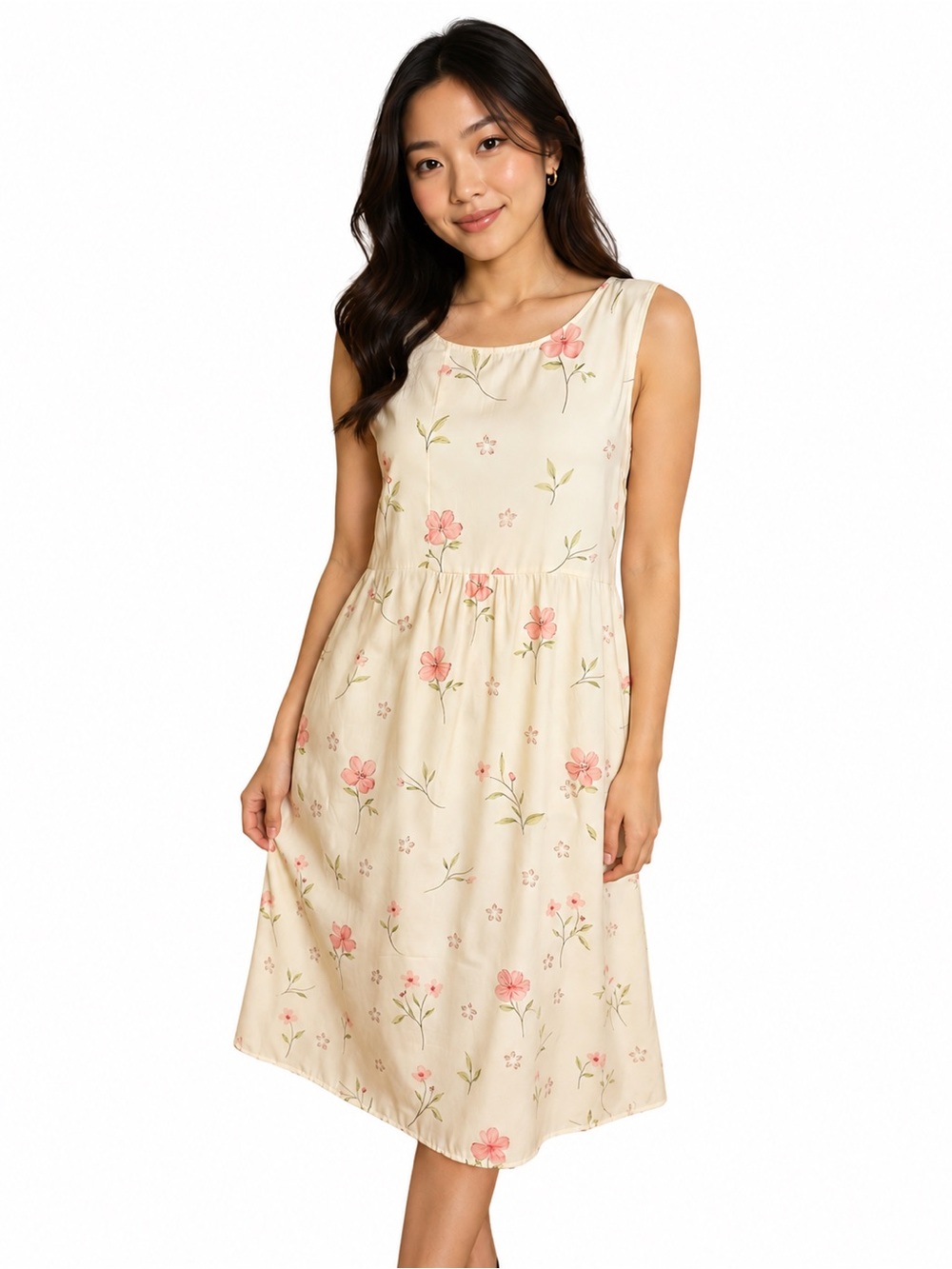 Asymmetrical Top Stitch Sleeveless Cream Floral Midi Dress - Brand Unspecified